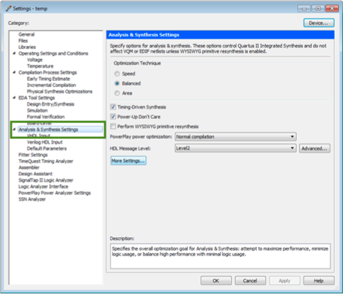 Quartus 软件 Analysis & Synthesis 设置